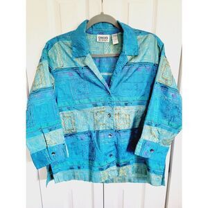 Chico's‎ Design 1 Blouse Size Med. Button-Up Beaded Sequin Aqua 3/4 Slv. Vintage